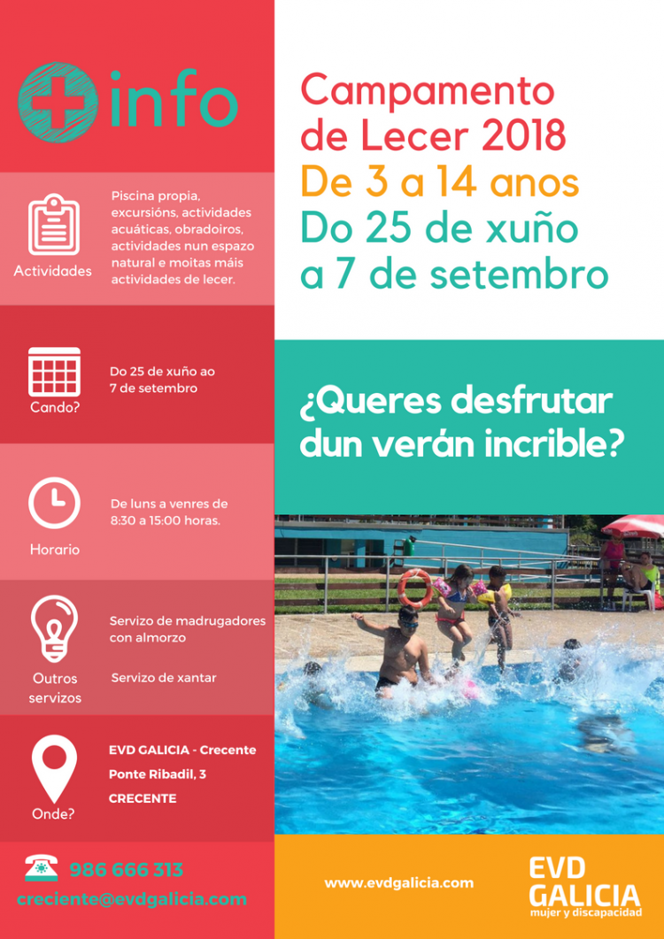 Cartel del Campamento de Lecer verano 2018 organizado por EVD Galicia